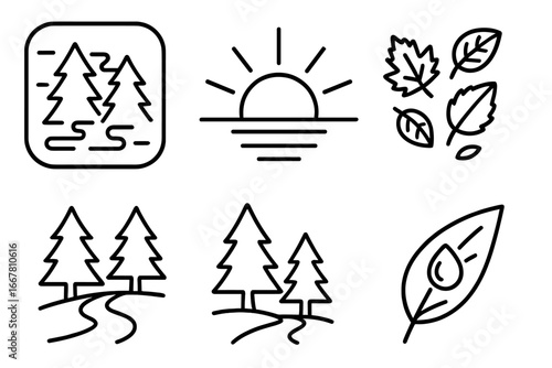 Seasonal nature line icon set. Vector outline symbols of misty forest, sunrise, falling autumn leaves, pine trees with path, and morning dewdrop. Eco, travel, weather signs.