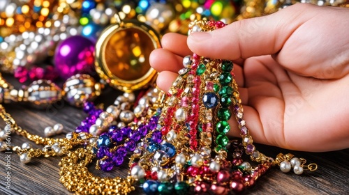 Hand displaying an assortment of vibrant costume jewelry on wooden surface showcasing wealth and
