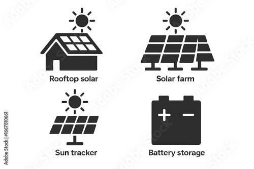 Solar power icon set. Solid filled glyphs collection. Renewable green energy concept. Rooftop solar panel, solar farm, sun tracker, battery storage system for electricity.
