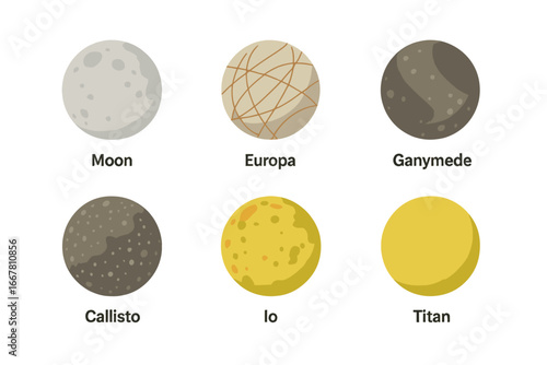 Solar System moons icon set. Flat vector illustration of major satellites: Moon, Europa, Ganymede, Callisto, Io, Titan. Astronomy and space exploration concept graphics.