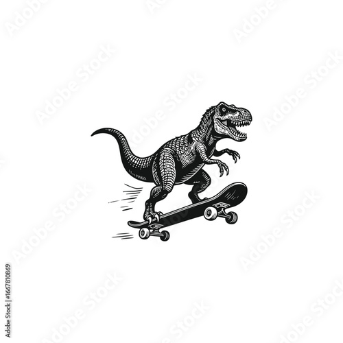 Flat vector engraving logo illustration of a T-Rex dinosaur riding a skateboard