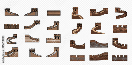 Various illustrations of the Great Wall of China, showcasing different sections and perspectives.