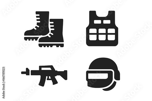 Military gear solid glyph icon set. Soldier army equipment symbols. Combat boots, tactical vest, assault rifle, helmet. Special forces police protection vector silhouettes.