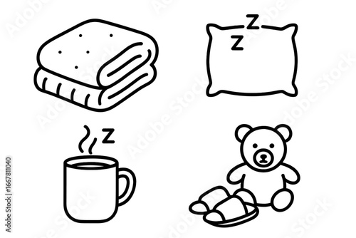 Sleepy time outline icon set. Bedtime routine vector symbols for relaxation and rest. Cozy blanket, plush pillow, warm milk mug, teddy bear, and slippers illustration.