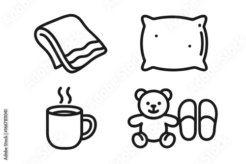 Sleepy time vector icon set. Bedtime routine outline icons. Cozy blanket, soft pillow, warm milk mug, teddy bear, and comfy slippers. Relaxation, comfort, and sleep aid concept.