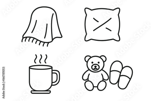 Sleepy time icon set. Bedtime routine outline icons for relaxation and comfort. Vector illustration of a cozy blanket, pillow, hot drink, teddy bear, and slippers. Night rest.