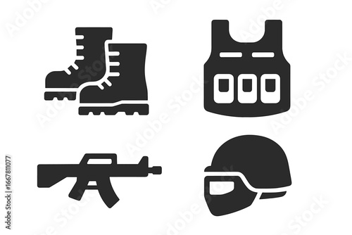 Soldier gear icon set. Military equipment symbols. Combat boots, tactical vest, assault rifle, helmet. Army force glyph collection. Vector silhouette for infographic design.