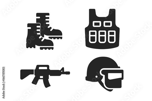 Military soldier gear solid icon set. Army combat equipment symbols. Tactical vest, assault rifle, helmet, boots. Special forces black glyph vector illustration. Armor, weapon.