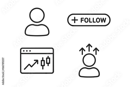 Social trading and copy strategy outline icon set. Following a leader or influencer for financial profit. Concepts of investment, stock market, forex, and crypto trading.