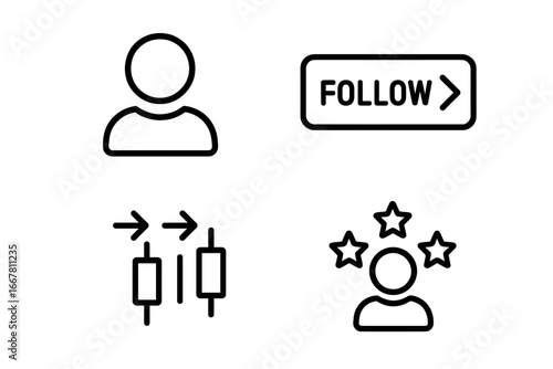 Social trading and copy trading outline icon set. Finance investment concept with user avatar, follow button, and leader icons. Vector for stock market strategy and community.