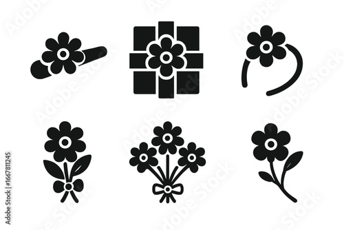 Flower icon set. Solid glyph collection of floral gifts and accessories. Vector symbols for celebration, birthday, wedding. Includes bouquet, hair clip, headband, corsage, gift.