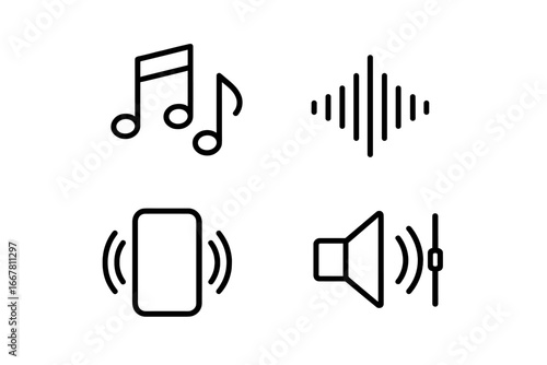 Sound and music icon set. Outline collection of audio symbols: musical notes, equalizer wave, phone vibration, speaker volume control. Thin line vector pictograms for UI.