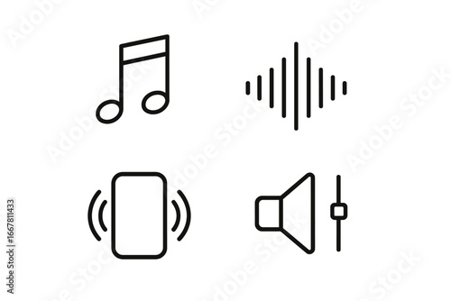 Sound icon set. Outline music note, audio wave, phone vibration, and speaker volume control symbols. Vector linear pictograms for UI, web, and mobile app design.