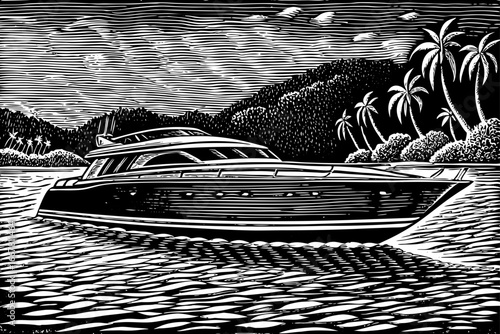 Luxury yacht sailing smoothly across tropical waters with elegant shape, realistic black and white sketch
