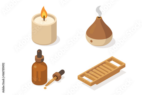 Spa bathroom icons isometric vector set. Aromatherapy, relaxation, wellness concept. Scented candle, essential oil bottle, aroma diffuser, and bamboo bath tray illustration.