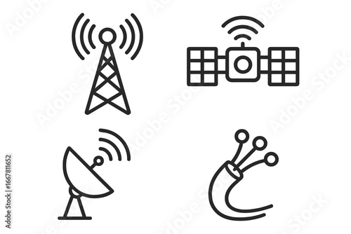Communication technologies outline icon set. Telecommunication concept. Broadcast tower, satellite, dish antenna, fiber optic cable. Global network, data transmission vector.