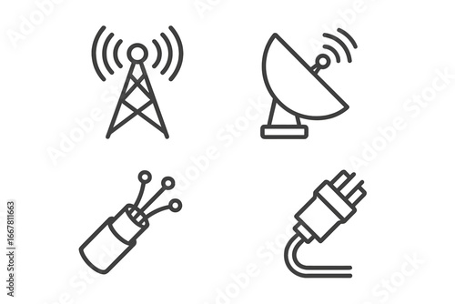 Communication technology line icon set. Vector concepts for internet, data transmission, and connectivity. Broadcast tower, satellite dish, fiber optic cable, and connector plug.