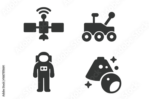 Space mission solid glyph icons. Vector icon set of space exploration with satellite, planetary rover, astronaut, command module. Cosmos, science and technology symbols.