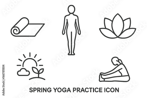 Spring yoga practice line icon set. Vector illustrations for wellness, fitness, meditation, health. Symbols for yoga mat, mountain pose, lotus, nature, stretching, relaxation.
