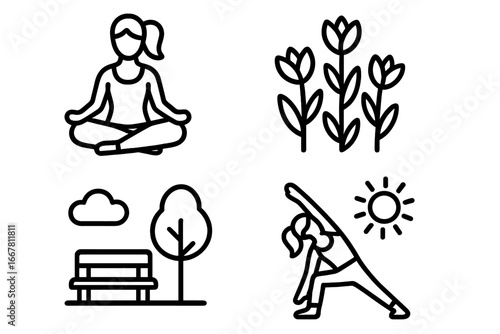 Spring yoga outline icon set. Woman in lotus pose for meditation and stretching exercise in park. Vector collection of blooming flowers, sunshine. Health and wellness concept.