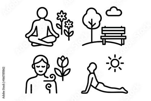 Spring yoga and meditation outline icon set. Outdoor park fitness, lotus and cobra pose. Wellness, calm, stretching and relaxation concept. Healthy lifestyle vector symbols.