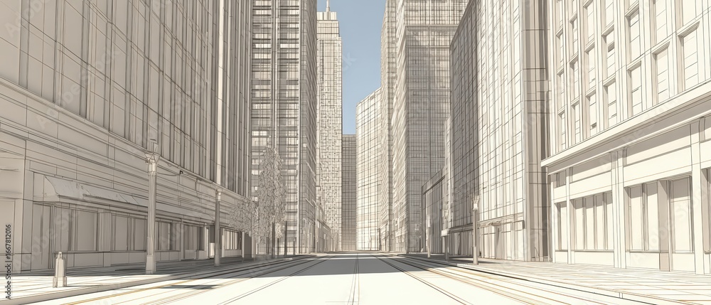 Fototapeta premium Empty city street in a modern downtown with tall skyscrapers and clear sky on a sunny day