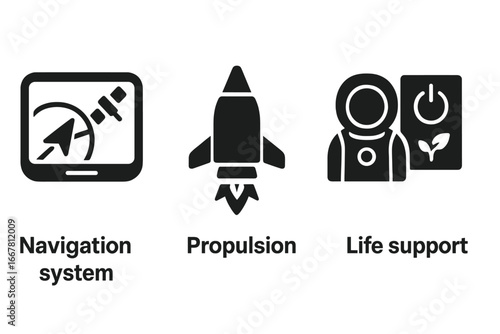 Space technology vector icon set. Solid glyphs showing navigation system, rocket propulsion, and astronaut life support. Concepts of space travel, exploration, and science.