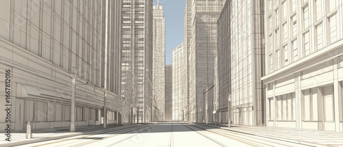 Empty city street in a modern downtown with tall skyscrapers and clear sky on a sunny day