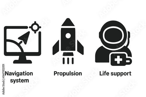 Space technology solid icon set. Navigation system, rocket propulsion, astronaut life support. Vector glyph icons for space travel, exploration, science on transparent background.