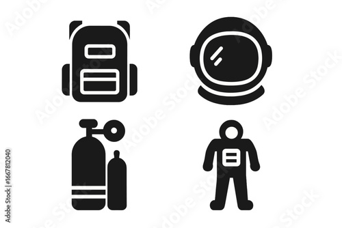 Space travel solid icons. Astronaut equipment essentials like space suit, helmet, oxygen tank, and life support backpack. Cosmic exploration vector glyph set for science.
