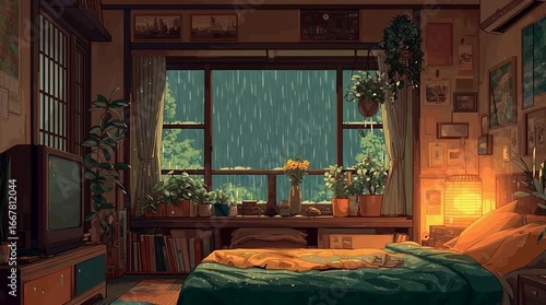 A cartoon-style room with rain falling outside the window.