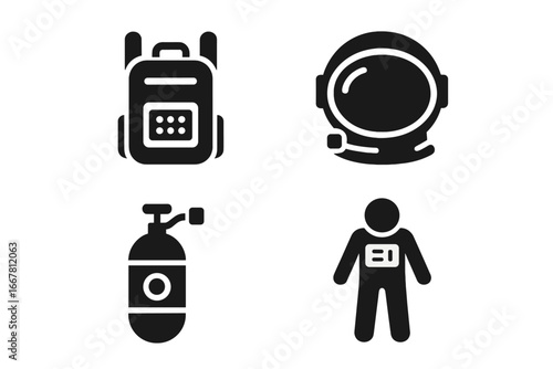 Space travel solid glyph icon set. Spaceman essentials vector collection. Astronaut helmet, oxygen tank, backpack, spacesuit symbols. Cosmos exploration, science technology.
