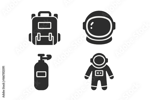Space travel essentials solid glyph icons set. Vector graphic collection of astronaut equipment. Spaceman, spacesuit, helmet, oxygen tank, life support backpack silhouettes.