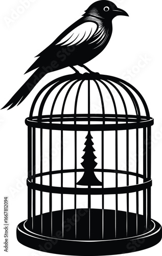 large cage with crow sitting on high perch