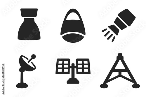 Spaceship parts solid glyph icon set. Rocket engine, cockpit, thruster, antenna, solar panel, landing gear vector icons. Space exploration and sci-fi technology concept.