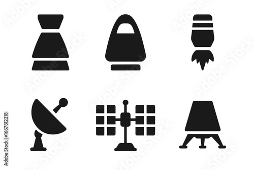 Spaceship parts solid glyph icon set. Space exploration vector elements. Rocket engine, capsule, thruster, satellite dish, solar panel, lander. Technology silhouette symbols.
