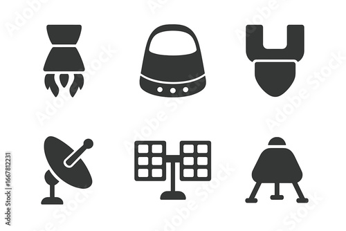 Spaceship parts solid icon set. Rocket engine, cockpit, thruster, satellite antenna, solar panel, landing module. Space exploration technology vector graphic symbol collection.