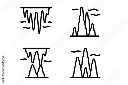 Submerged cave formations icon set. Vector outline icons of speleothems. Stalactite, stalagmite, and column in underwater cave. Geology, speleology graphic elements.