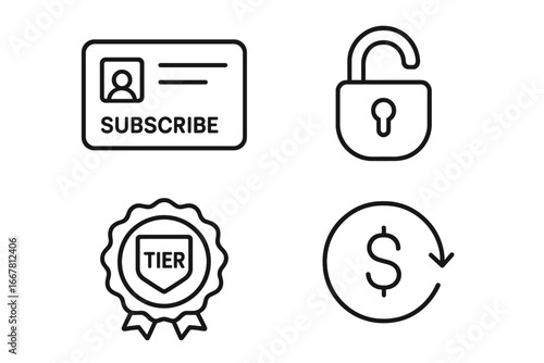 Subscription icons set. Vector outline graphic of a membership card, unlock access, payment plan, and tier badge. Concept for recurring revenue, subscribe button, and user plans.