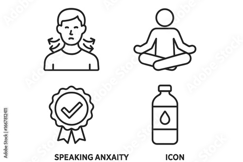 Speaking anxiety management icons. Public speaking fear concept. Outline icon set of stress, deep breathing, meditation, confidence badge, hydration. Glossophobia coping vector.