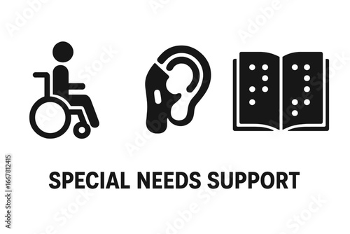 Special needs support icon set. Accessibility symbols for disability. Wheelchair for mobility, hearing aid for deaf, braille book for blind person. Vector glyph pictograms.