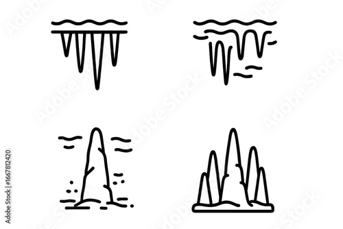 Submerged cave formations icon set. Vector outline illustration of underwater speleothems. Stalactite and stalagmite symbols for geology, caving and exploration concepts.