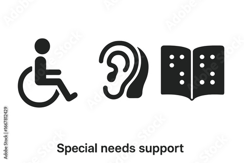 Special needs support icon set. Disability and accessibility symbols. Vector graphic collection with wheelchair, hearing aid, and Braille book for inclusion and diversity concepts.