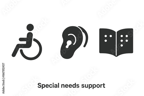Special needs support solid icon set. Vector symbols for disability and accessibility. Wheelchair for physical handicap, hearing aid for deaf, and Braille book for blind people.