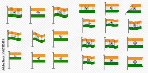 Collection of Indian flags in various positions and states of motion.