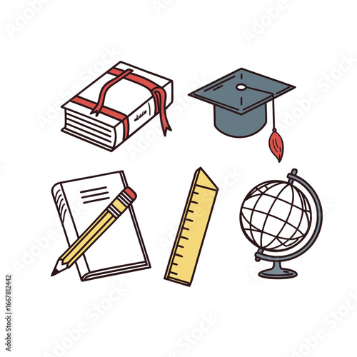 Cartoon Education Elements – Books, Graduation Cap, Globe, Ruler, and Notebook