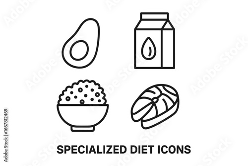 Specialized diet outline icon set. Healthy food for keto or paleo nutrition concepts. Vector icons of avocado, almond milk, quinoa, and salmon for clean eating or wellness lifestyle.