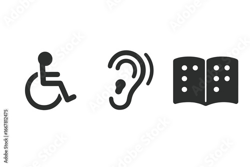 Accessibility icons for special needs. Disability symbols for impaired people. Wheelchair for physical disability, ear for hearing impairment, and Braille book for visual impairment.