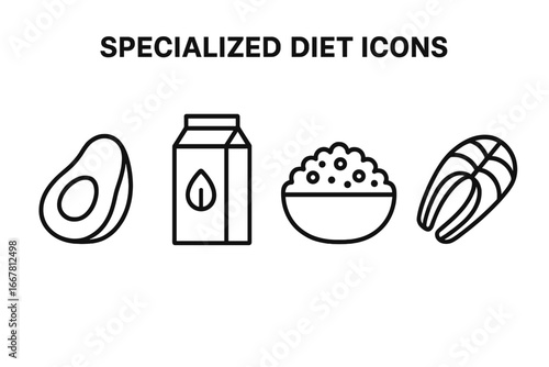Specialized diet line icon set. Healthy food outline icons for keto, paleo or vegan nutrition. Vector symbols of avocado, almond milk, quinoa bowl, and salmon fillet.