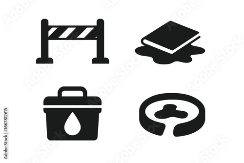 Spill containment solid icon set. Vector glyphs for safety and emergency response. Icons for barrier tape, absorbent mat, spill kit, and containment for oil or chemical leaks.